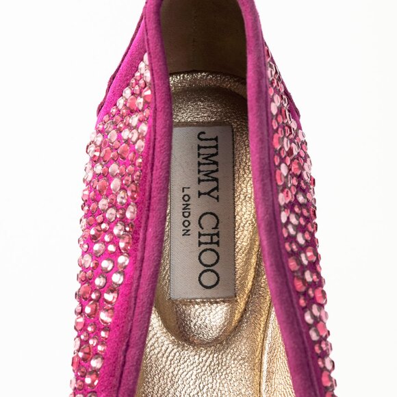 Jimmy Choo Weber Fuchsia Crystal-Embellished Satin Bow Ballet Flats - Picture 10 of 11